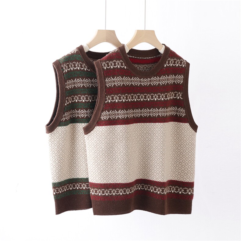 时髦单品羊毛复古撞色马甲背心女春秋叠穿宽松无袖坎肩，女装马甲，犀桦羊绒