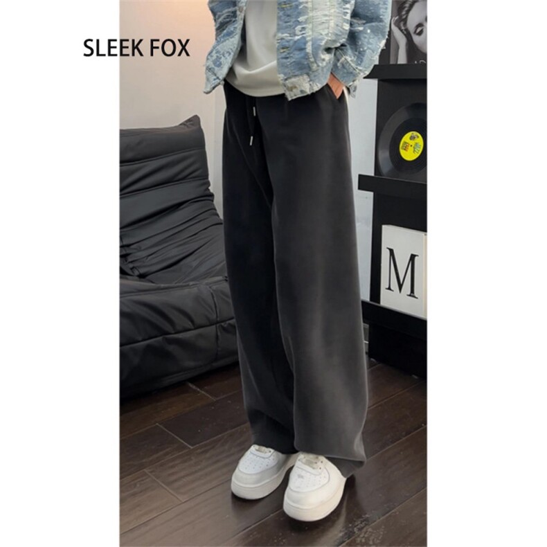男女同款垂感宽松直筒裤韩系慵懒风显高显瘦休闲长裤秋冬加绒卫裤,男装休闲裤,四季星座505