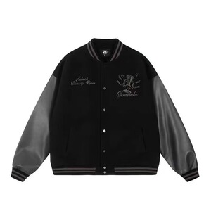 秋冬新款美式复古字母棒球服外套hiphop宽松百搭拼接皮袖情侣夹克图片