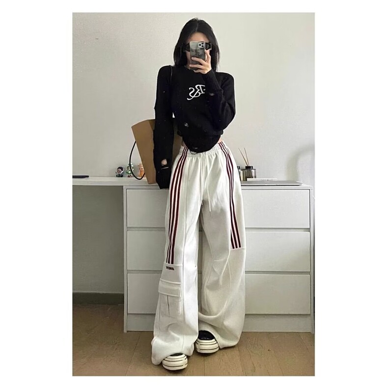 美式复古工装三条杠休闲裤女新款高腰显瘦直筒阔腿运动裤子潮ins,男装工装外套,星座506A