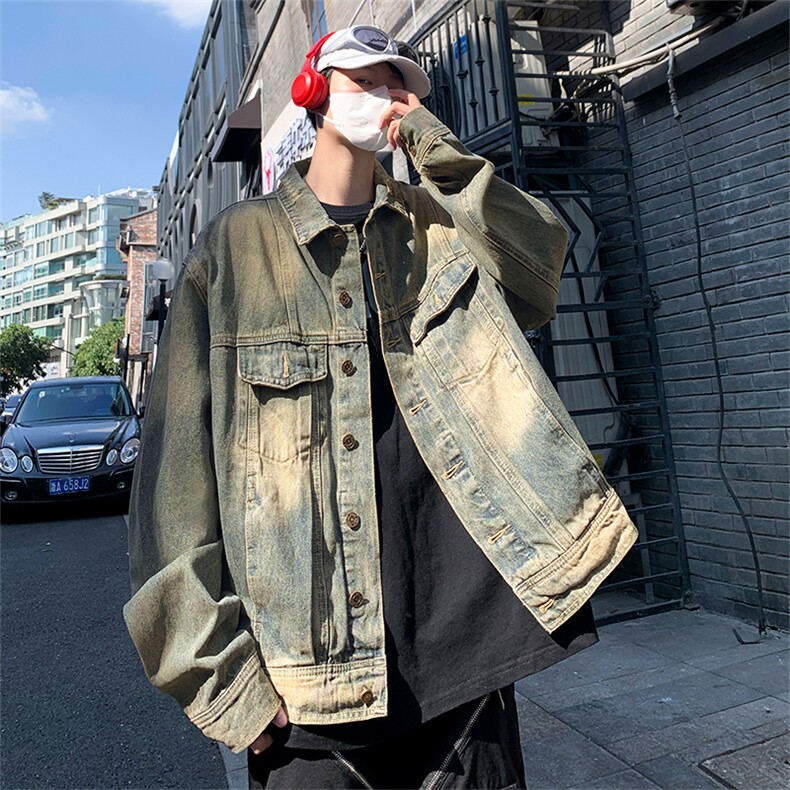 小众复古水洗垫肩牛仔外套男设计感感夹克破洞休闲上衣J88201-p63图片