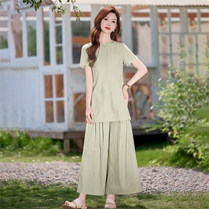 时尚简约休闲套装女2026夏新款气质减龄显瘦短袖上衣阔腿裤两件套图片
