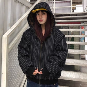 现货美式宽松复古条纹豹纹连帽棉服外套男5039特P100