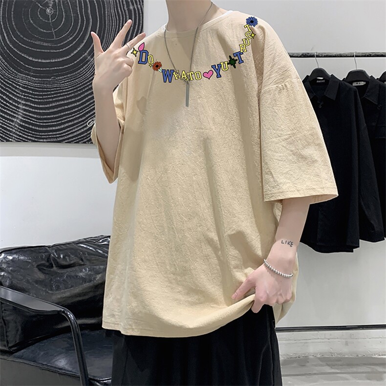 YT26381-P30亚麻短袖t恤男大码五分袖男宽松七分袖大皂风模特,男装T恤,电商A040