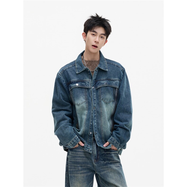 港风秋款男牛仔夹克衫渐变色拉链宽松休闲外套JK4004P75,男装夹克,星座1013-1