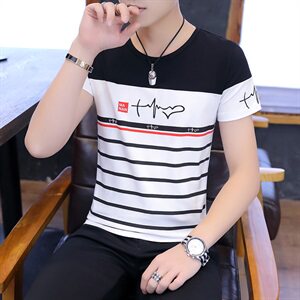 款5022男士短袖t恤韩版修身圆领条纹半袖体恤衫男潮流图片
