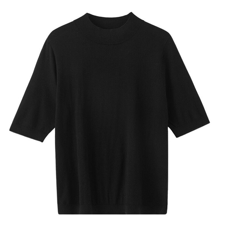 夏季新款简约百搭女士舒适纯色精纺33%羊毛圆领短袖，女装T恤，吉高羊绒