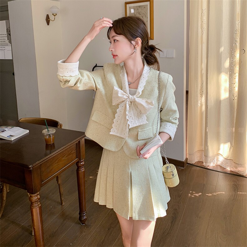 法式小香风时尚套装裙女秋2025新款高级感蝴蝶结上衣百褶裙两件套,女装套装/套裙,秋水欣儿