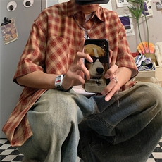 特批2025港风自拍宽松时尚方格短袖衬衫男生衬衣S223P38控58，男装衬衫，电商A247