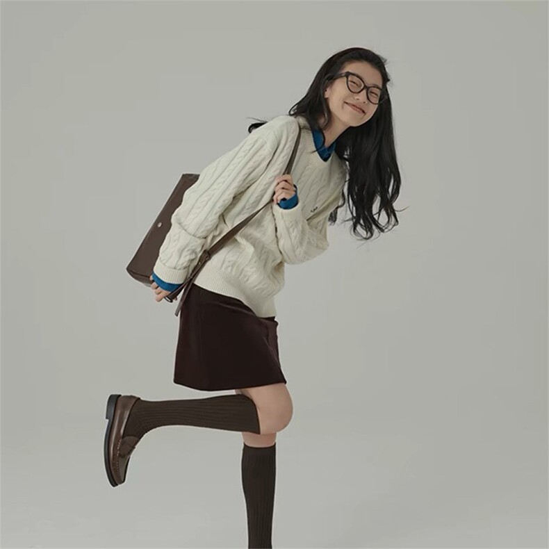 时尚百搭宽松麻花针织羊毛衫女气质显瘦学院风毛衣外套,女装羊毛衫,泰沅羊绒