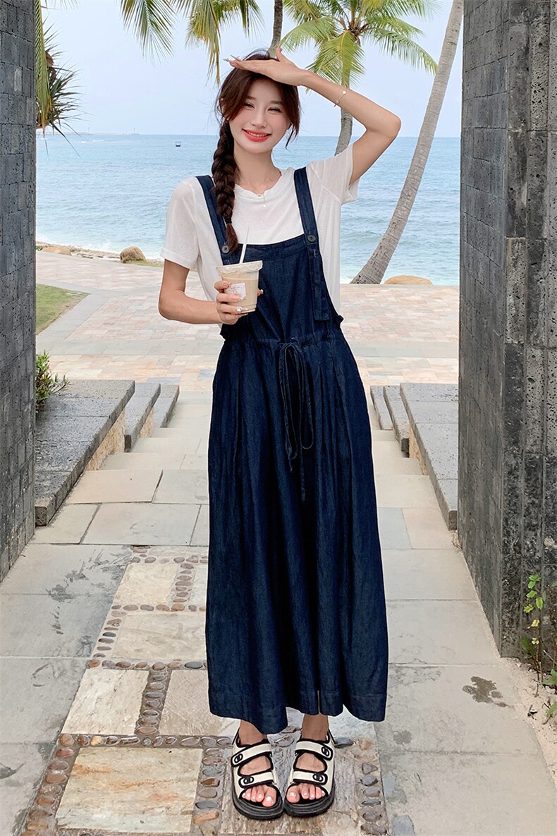 深蓝色复古牛仔背带裤套装女2025夏新款高腰显瘦T恤阔腿裤两件套,女装套装/套裙,2C133
