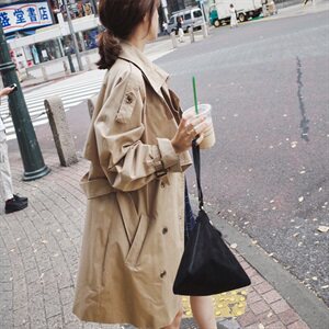 风衣外套女中长款2022新款韩版宽松休闲显瘦百搭系带卡其色上衣图片