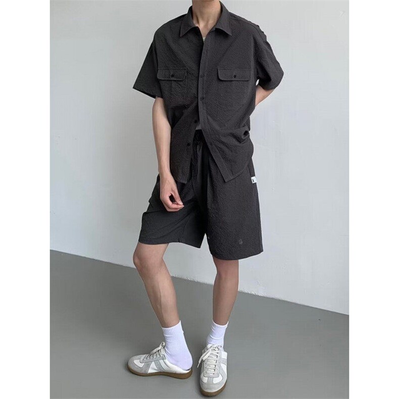 CP1216-P36日系复古短袖衬衫男女双口袋少泡泡纱工装衬衣,男装T恤,电商B323A
