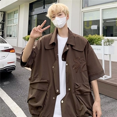 衬衫短袖男设计感痞帅夏季户外不规则刺绣工装衬衣外套S1275-P50，男装T恤，星座1008-1