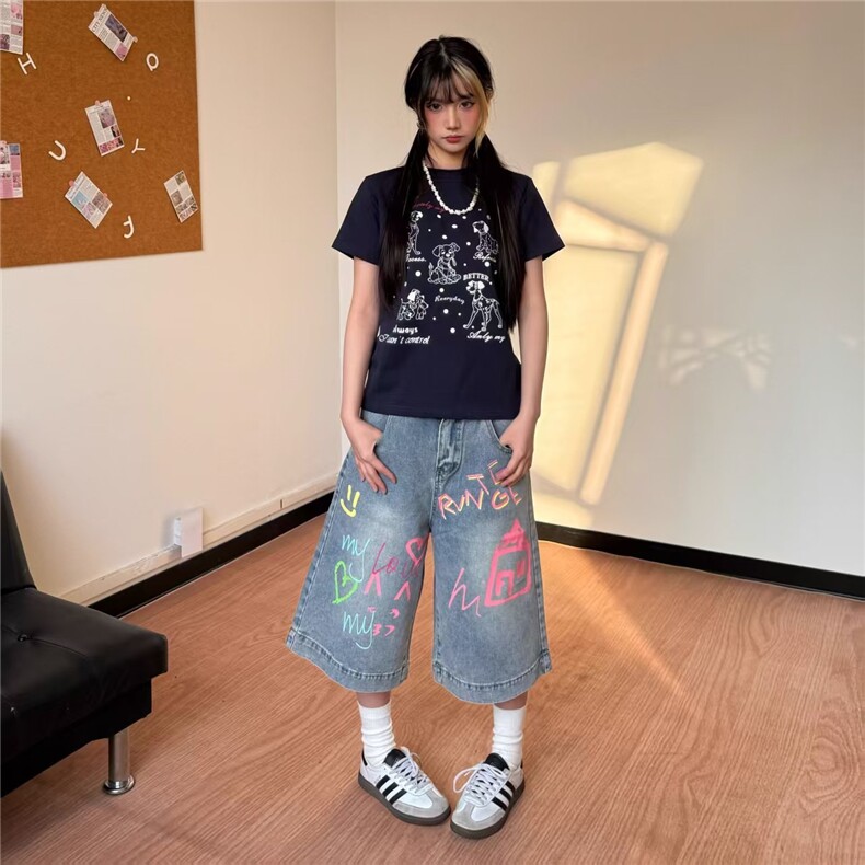 美式复古涂鸦字母印花水洗七分裤宽松显瘦直筒阔腿男女牛仔短裤潮,男装牛仔裤,星座506A