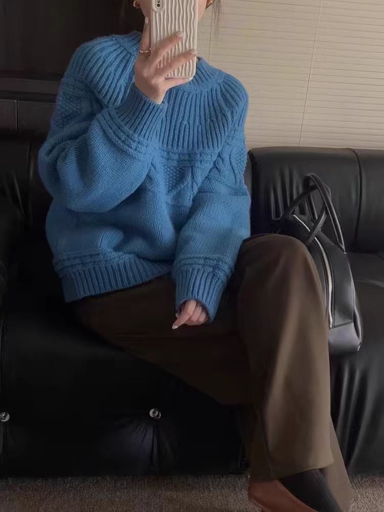 秋季新款舒适显瘦时尚百搭五针锁花圆领针织衫,女装羊毛衫,恒恩羊绒