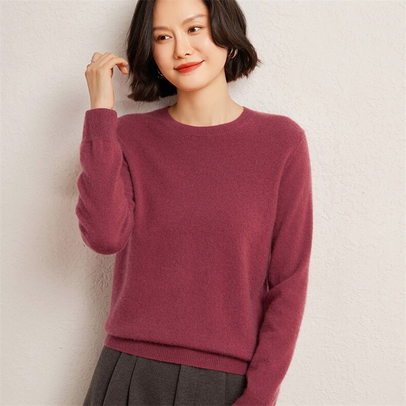 秋冬季35%羊绒65%羊毛休闲百搭12针平面圆领羊绒衫,女装羊绒衫,广悦羊绒