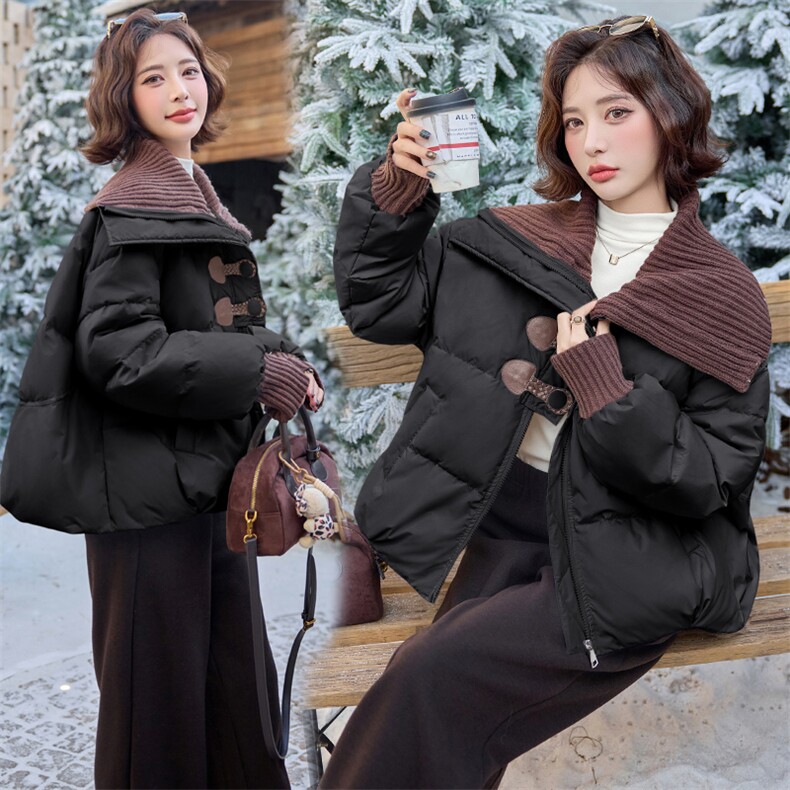 针织大翻领短款羽绒服女2024冬季新款小个子超好看白鸭绒保暖外套,女装羽绒服,雅静靓衣