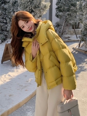 现货2025年冬季新品格子拼接休闲短款连帽羽绒服外套，女装羽绒服，乐吉娜