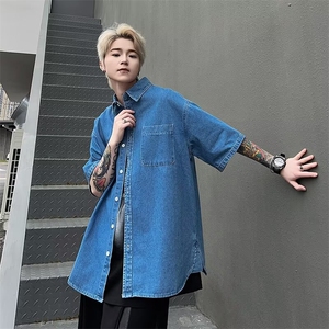夏季薄款牛仔衬衫男短袖休闲港风百搭韩版潮流宽松潮复古水洗外套