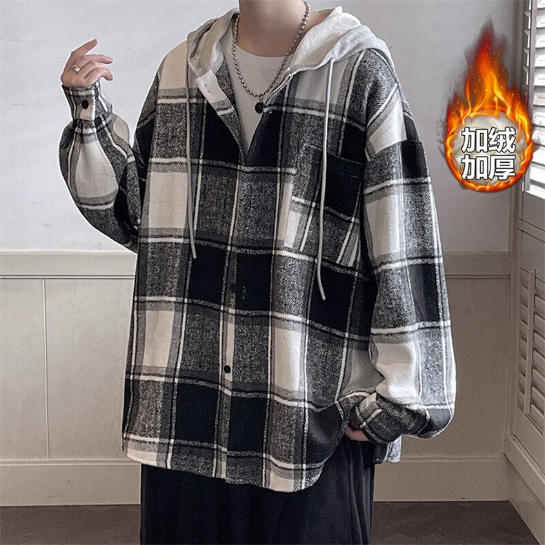 冬款呢料磨毛连帽oversize衬衫加绒加厚衬衣外套J25858J加绒-P60,男装衬衫,电商A001-1