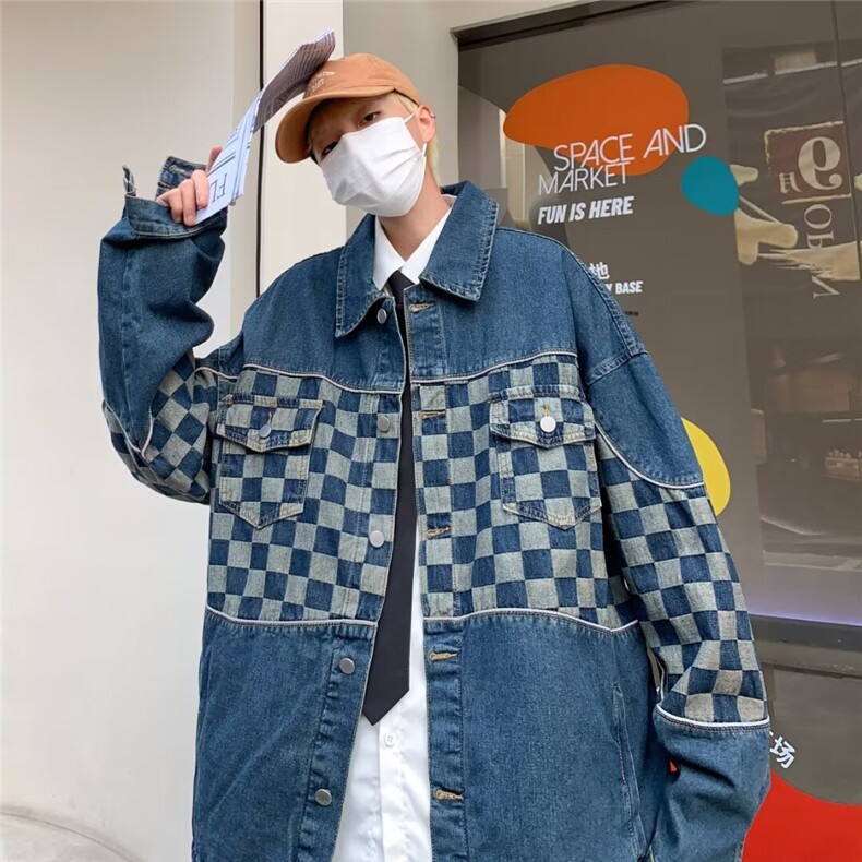 2025春新款青春格子拼接牛仔夹克JK801P68,男装夹克,星座1108