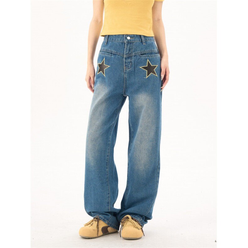 现货7759-P41港风蓝色高腰显瘦牛仔裤高街水洗星星直筒阔腿裤，女装牛仔裤，电商A306A