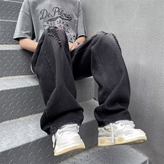 暗黑破洞牛仔裤男春季ins宽松休闲裤直筒拖地乞丐裤子男N2256，男装休闲裤，星座1116A-1（原606A）