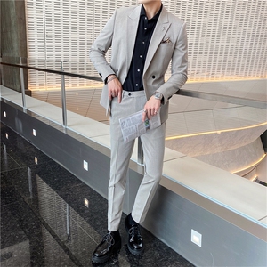 韩东大门西装两件套韩版新郎结婚英伦职业装修身休闲小西服纯色图片