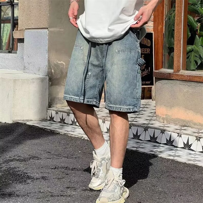 日系复古水洗牛仔短裤男夏季美式高街潮牌休闲潮流松紧腰五分裤子图片