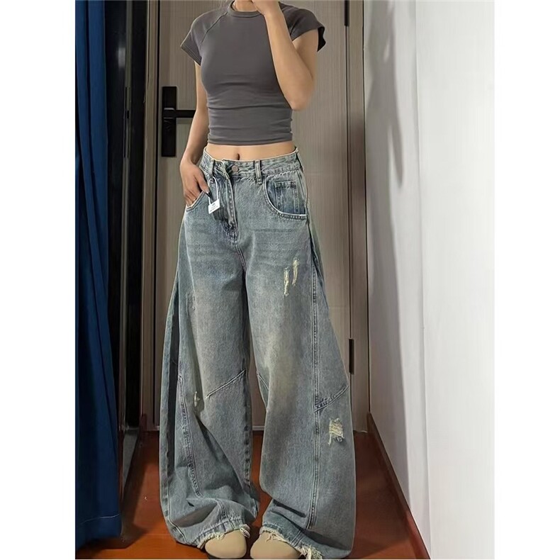 美式磨破阔腿牛仔裤女2025秋季新款高腰宽松显瘦遮胯弯刀拖地裤子,男装牛仔裤,星座1210-1