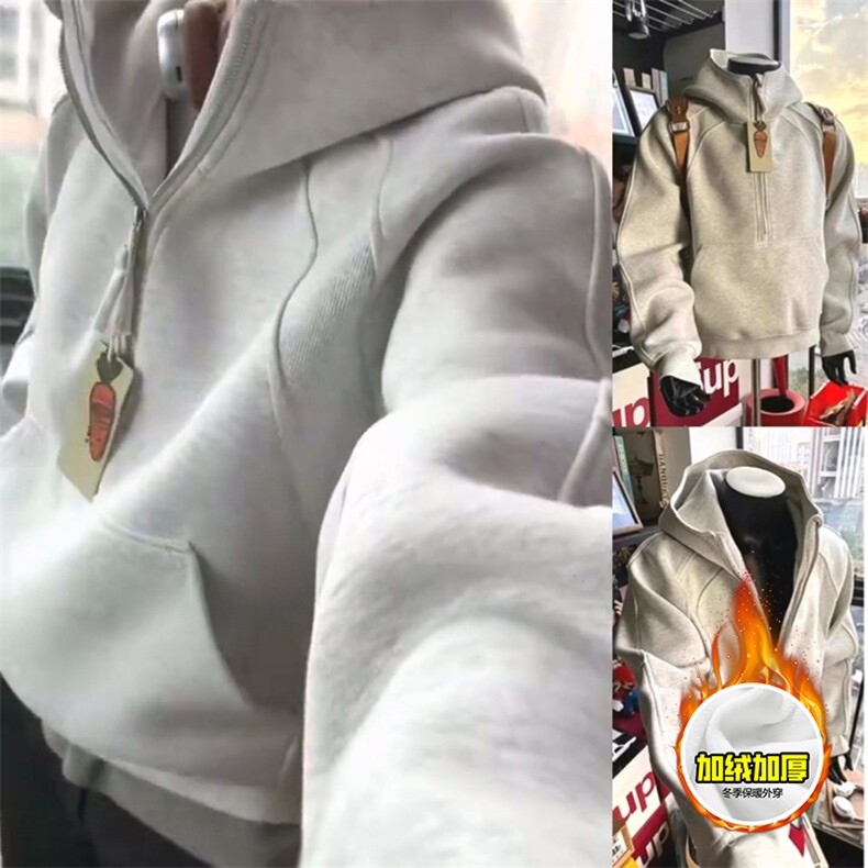 480G重磅加绒硬挺boxy男女秋冬美式高街结构半拉链卫衣开衫厚外套,女装短外套,电商A486