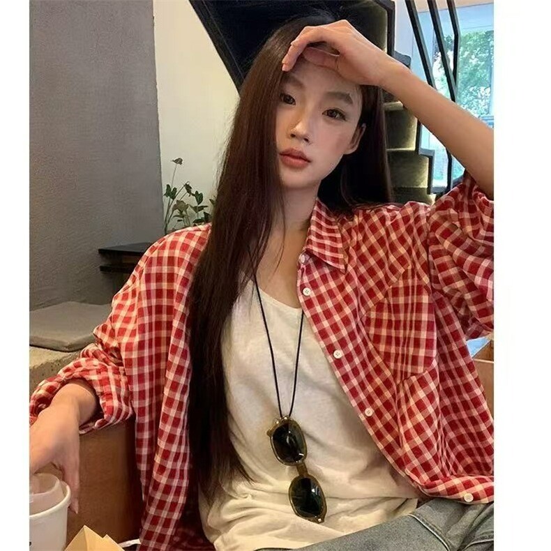 夏日韩版格子蓝色衬衫女宽松男友风衬衣宽松显瘦防晒开衫垂感外套,男装防晒衣,星座1210-1