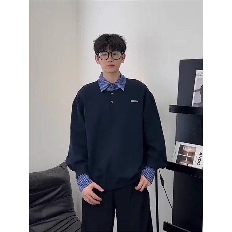 有货DW07-特批50学院风拼接假两件卫衣男宽松百搭长袖图片