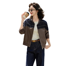 女式皮衣2025秋季新款牛仔拼接百搭休闲时尚PU皮夹克上衣，女装皮衣，跑量工厂店