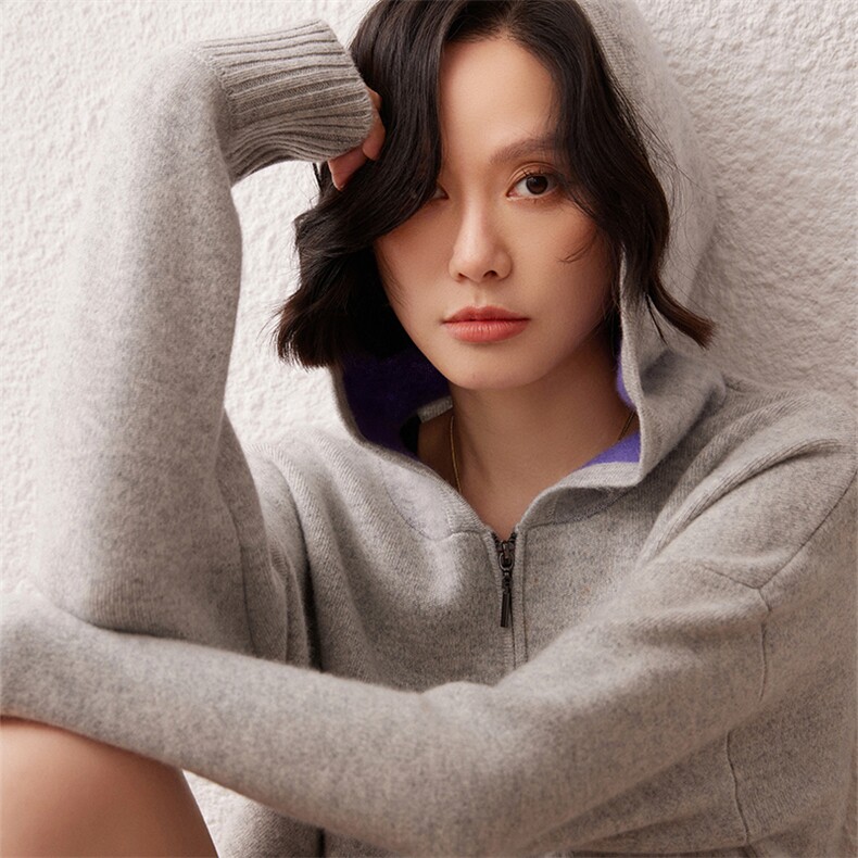 2024秋季新款长袖女士35%羊绒空气夹层帽衫通勤百搭,女装羊绒衫,雪真羊绒高端店