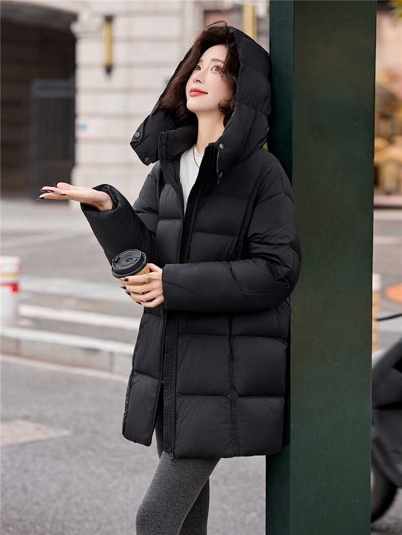 保暖中长款羽绒服女2025冬季时尚休闲加厚连帽白鸭绒外套潮,女装羽绒服,流量+