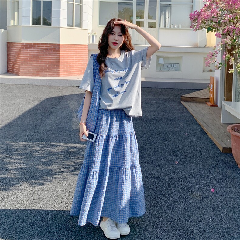 2025夏季新款韩版圆领字母刺绣休闲宽松T恤格子半身裙两件套装女,女装套装/套裙,2C203