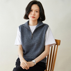 时尚百搭半高领拉链无袖毛衣马甲女款宽松显瘦针织背心外套，女装马甲，迎冬羊绒