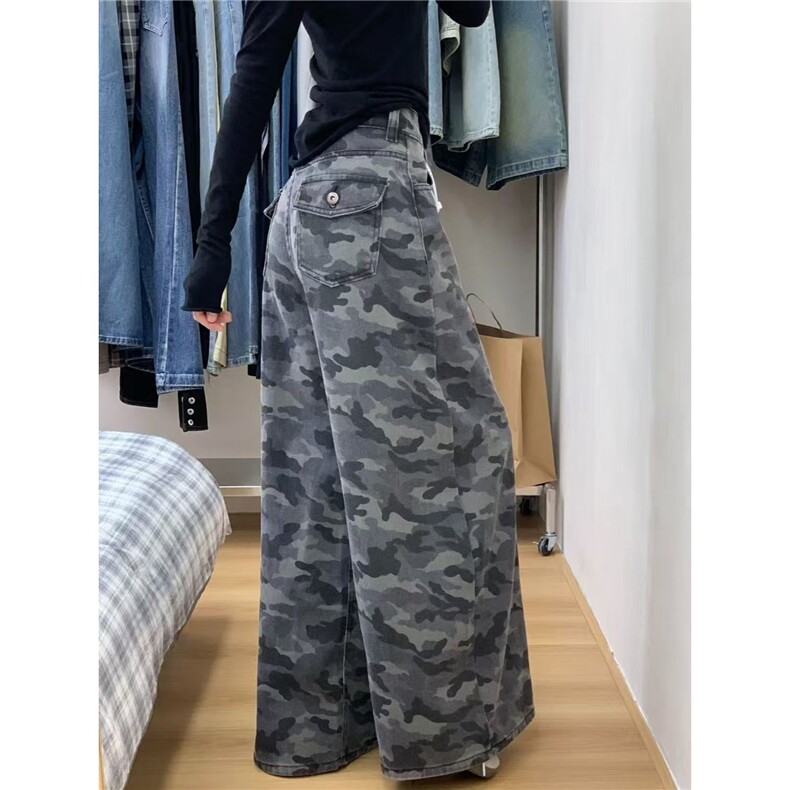 美式高街辣妹迷彩灰牛仔裤女秋季大码胖mm显瘦遮胯直筒阔腿裤长裤,男装牛仔裤,星座1210-1