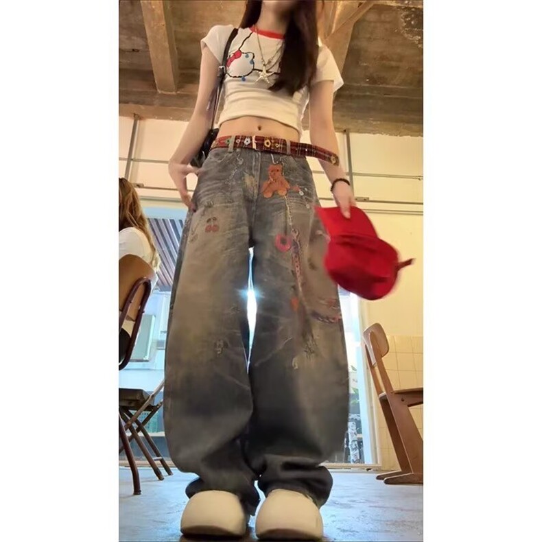 美式复古做旧印花牛仔裤女夏季辣妹时尚百搭宽松垂感显瘦阔腿长裤,男装牛仔裤,星座1210-1