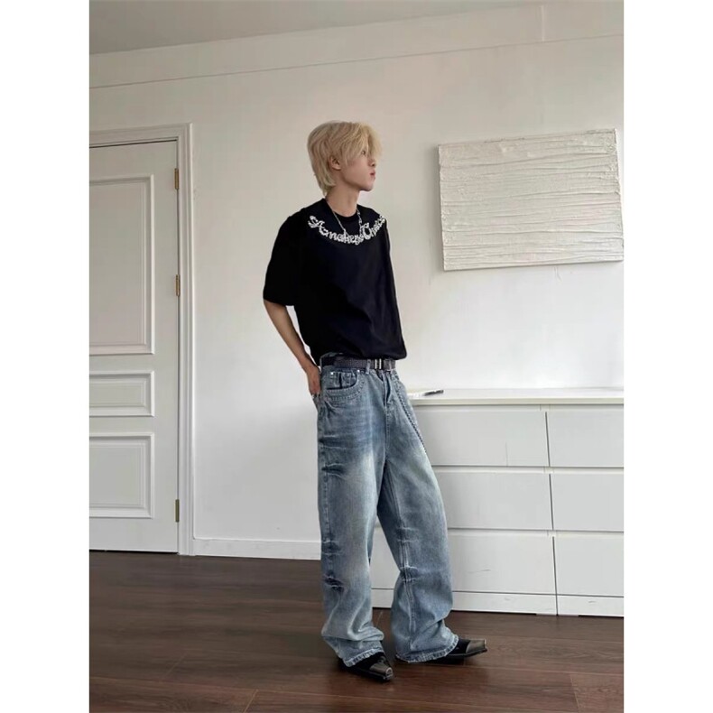 高街复古牛仔裤美式宽松百搭直筒阔腿拖地喇叭裤子-NZ702-网络图,男装牛仔裤,星座1002-2