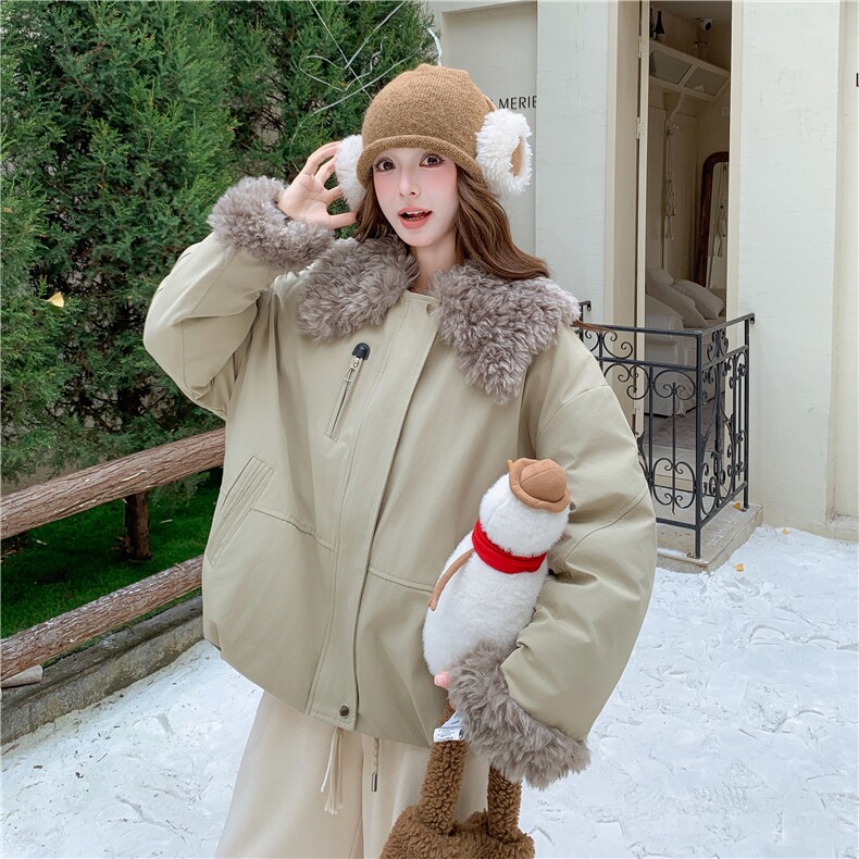 羊羔毛拼接派克棉服女冬超火好看高级感加厚工装羽绒棉衣棉袄外套,女装棉衣/棉服,2C232