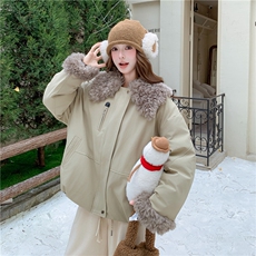 羊羔毛拼接派克棉服女冬超火好看高级感加厚工装羽绒棉衣棉袄外套，女装棉衣/棉服，2C232