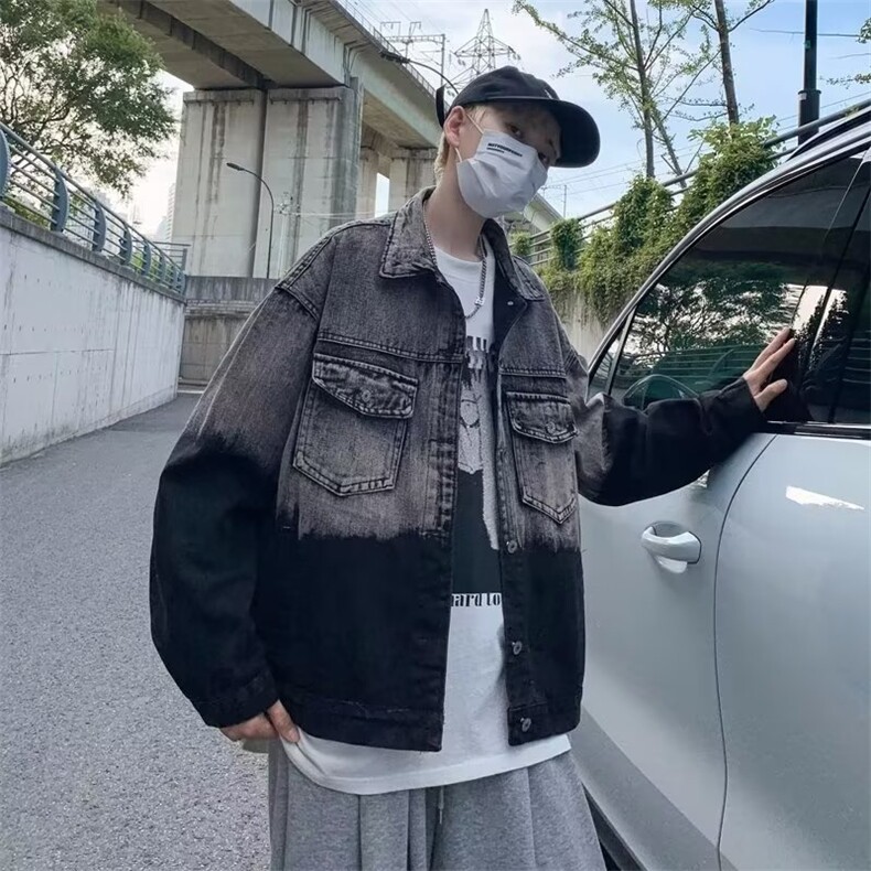 春季新款美式男夹克灰拼黑渐变复古牛仔外套W100P55,男装夹克,星座1116-2
