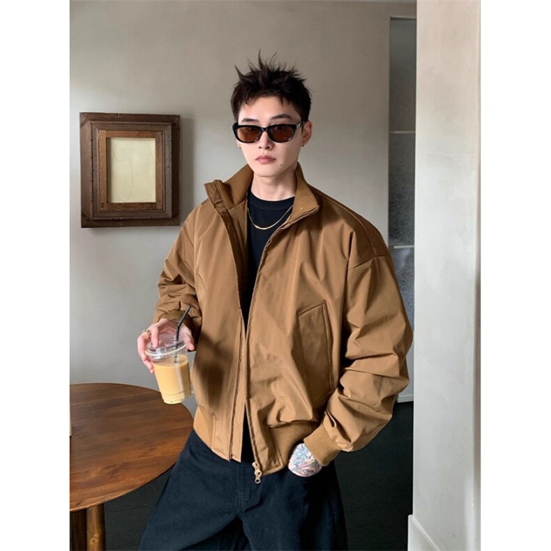 现货26春装美拉德立领飞行夹克纯色复古廓形高街棒球服外套，男装夹克，电商A486-1