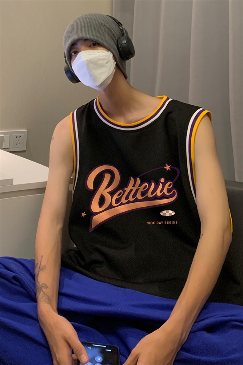 港风纯棉夏季休闲拼色螺纹印花网眼篮球背心男女T6927P35控48,男装背心/马甲,电商A268A