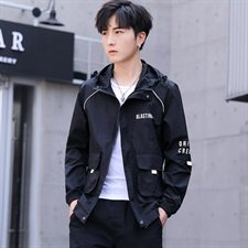 夏季防晒衣男工装薄夹克大口袋外套连帽透气风衣模白色F553，男装夹克，星座1207
