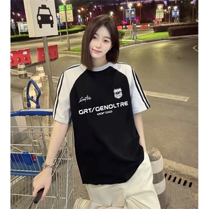 抖音得物品质二开240克宽松纯棉美式潮牌插肩三杠织带短袖T恤图片