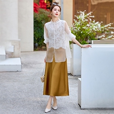 新中式复古气质网纱设计感蕾丝立领防晒衬衣套装裙，女装套装/套裙，依多米
